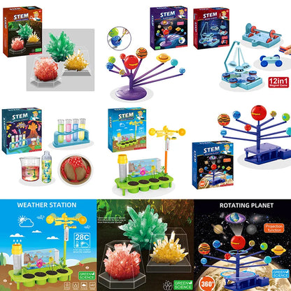 Colorful science experiment toys including volcano models, planets, and weather station kits in various arrangements.