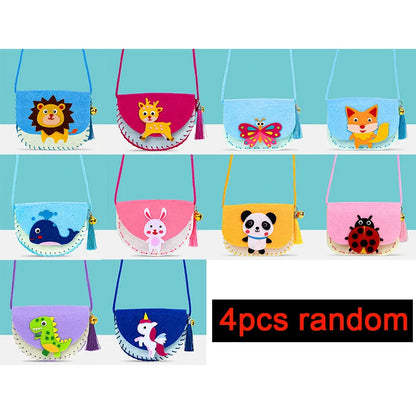 Four colorful shoulder bags with various animal designs including a lion, deer, butterfly, and fox, displayed in a grid.