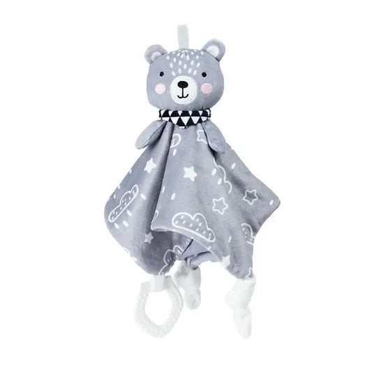 Plush baby comforter in gray with a bear head, star patterns, and a teething ring attached at the bottom.