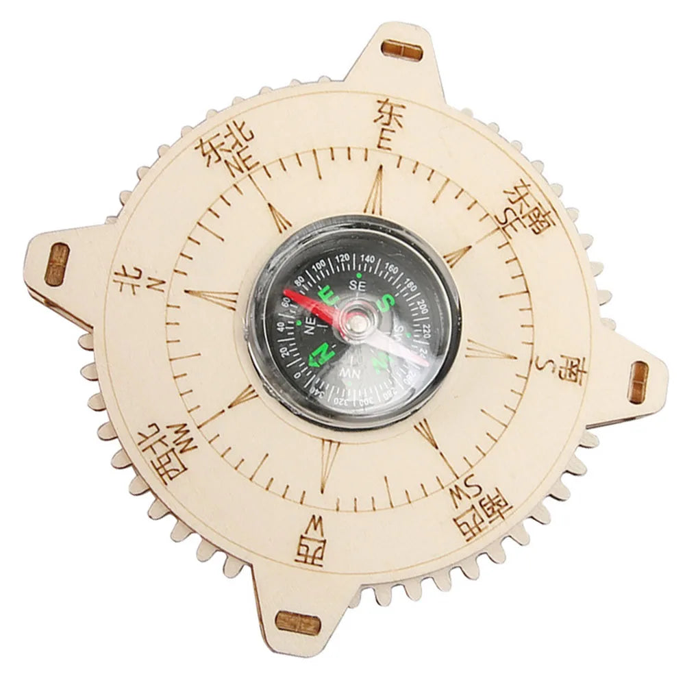 Wooden compass with directional markings and a glass face, designed for educational STEM projects.