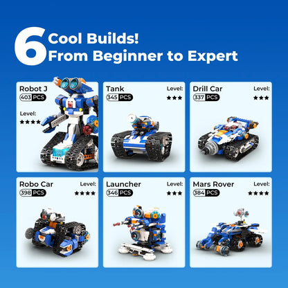 Six robot builds displayed in a grid, featuring colorful blocks and various designs like a robot, tank, and rover.