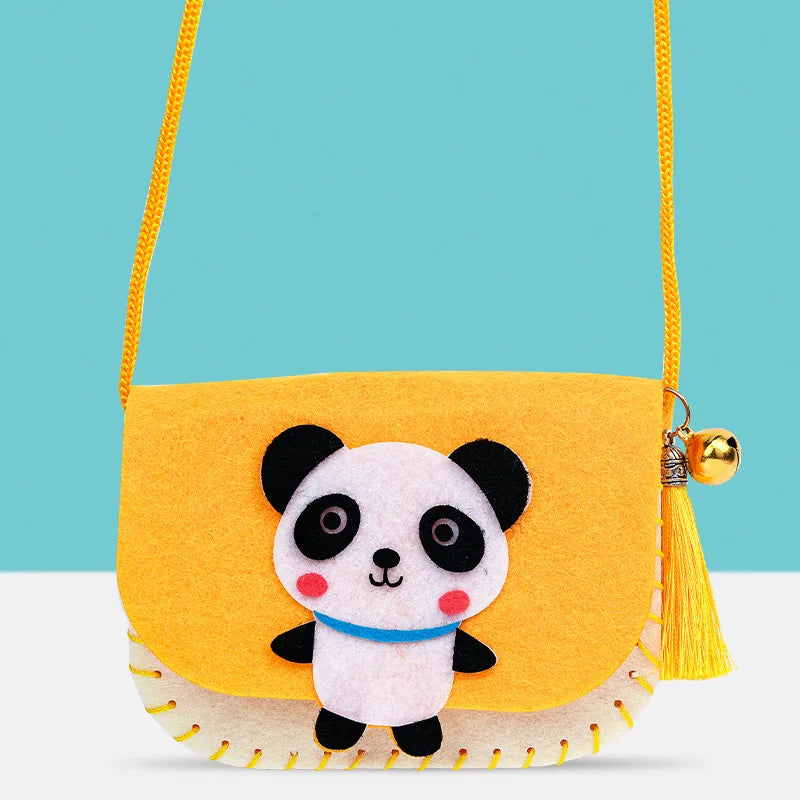 Yellow felt shoulder bag with panda face design, blue collar, and tassel, suitable for kids' DIY projects.