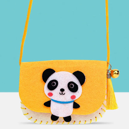 Yellow felt shoulder bag with panda face design, blue collar, and tassel, suitable for kids' DIY projects.