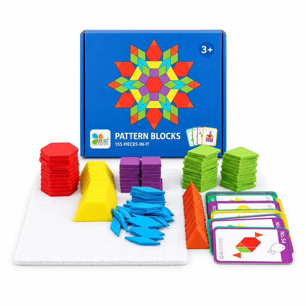 Colorful pattern blocks set with packaging on a white background