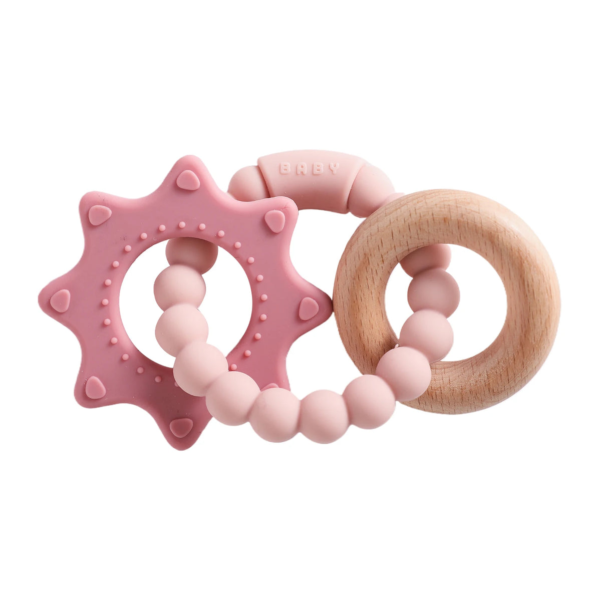 Silicone teething ring in pink and natural wood, featuring a star shape and round beads for sensory play.
