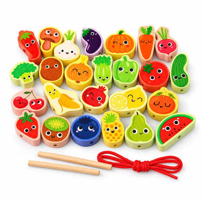 Set of 25 colorful vegetable and fruit-shaped rubber stamps with two ropes on a light gray background.