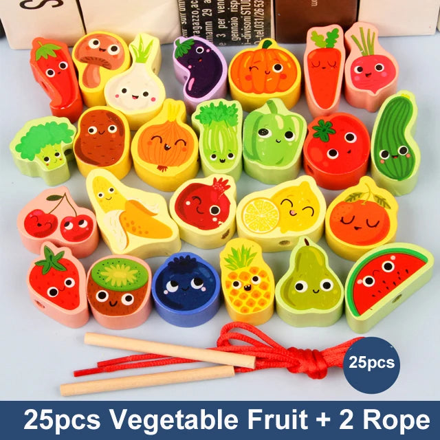 25 colorful wooden vegetable and fruit beads with smiling faces, includes two ropes for threading, educational toy.
