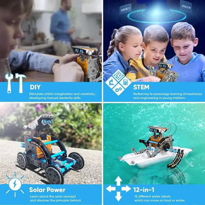 Four-panel image showcasing a DIY solar robot kit, featuring tools, kids engaging with robots, and solar-powered designs.