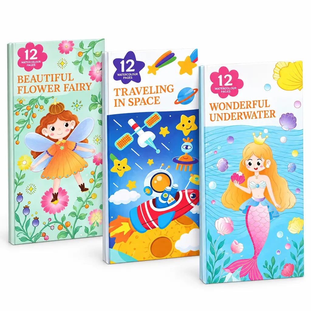 Three watercolor painting books featuring colorful covers: a fairy, space theme, and underwater scene.