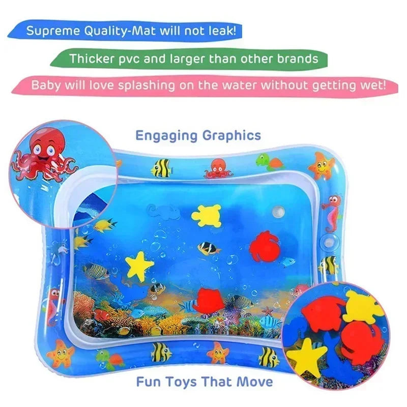 Inflatable baby water play mat with colorful graphics, fish, and moving toys, designed for tummy time and play.