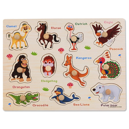 Wooden puzzle board featuring colorful animal shapes with knobs, including a camel, horse, and polar bear.