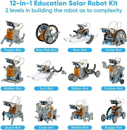 Various robot models from a 13-in-1 solar robot kit, showcasing different designs and configurations.
