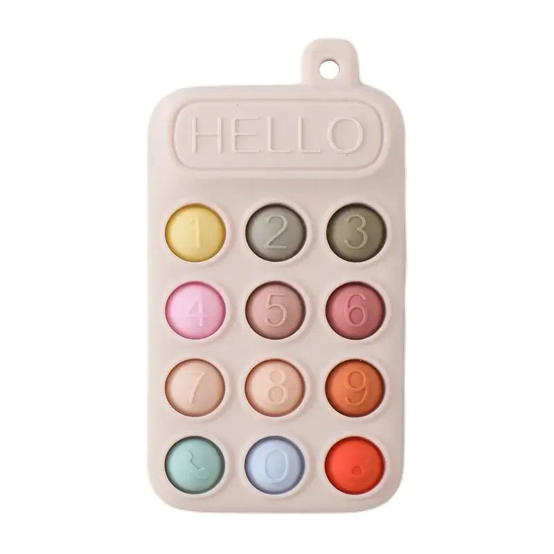 Silicone baby teether toy resembling a cell phone with colorful buttons and the word 'HELLO' on top