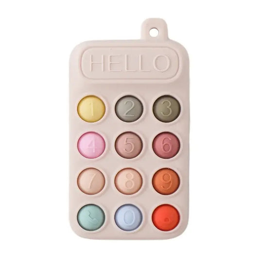 Silicone baby teether toy resembling a cell phone with colorful buttons and the word 'HELLO' on top