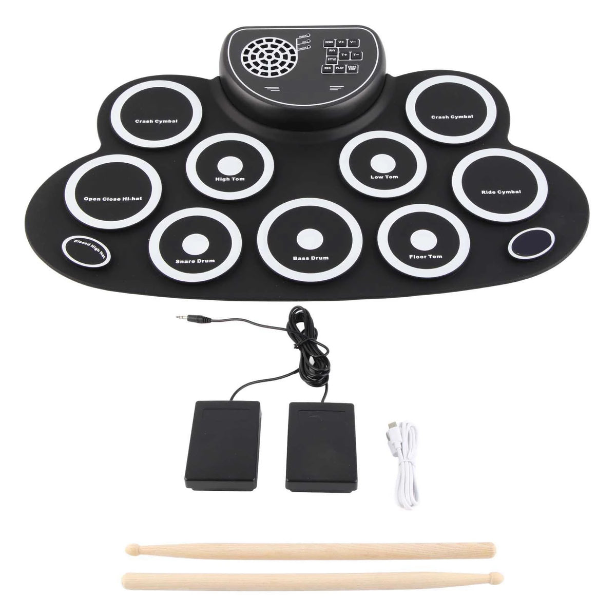 Roll up electronic drum set with 10 pads, built-in speaker, two pedals, and drumsticks, in black and white.
