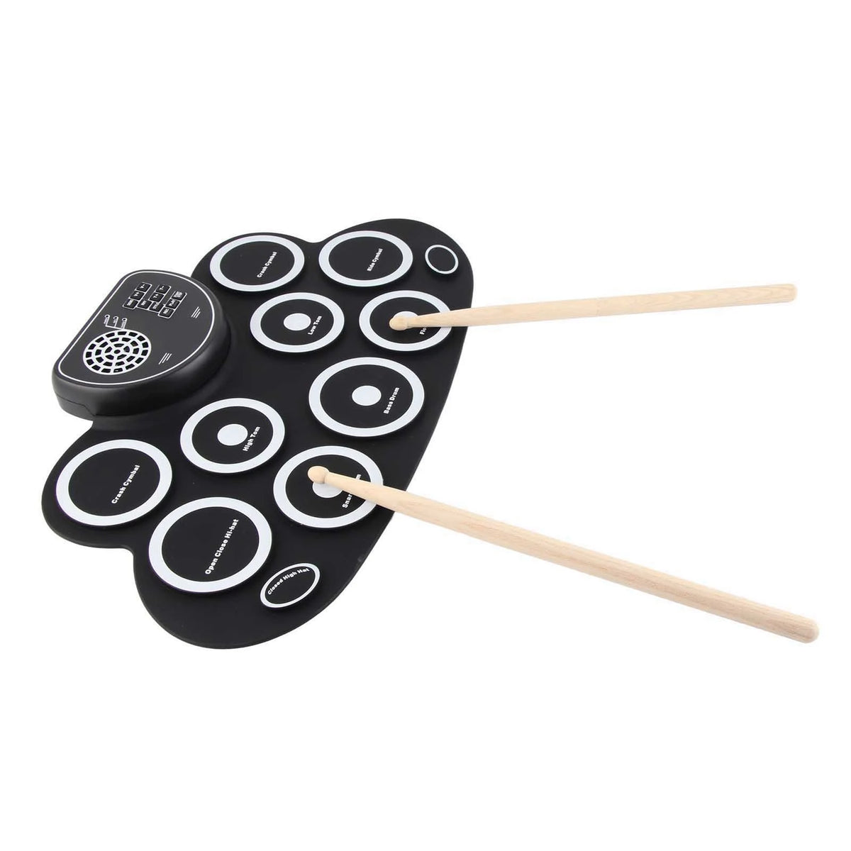 Roll-up electronic drum pad in black with white circles, includes two wooden drumsticks and a speaker.