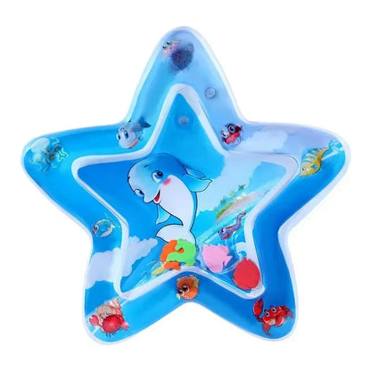 Star-shaped inflatable water play mat with colorful sea animal designs, including a dolphin and fish.