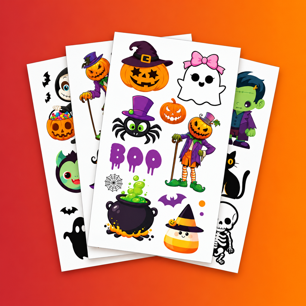 Three sheets of Halloween temporary tattoos with various cute cartoon designs including pumpkins, ghosts, a spider, a cauldron, a candy corn, and a skeleton, displayed on a clean white background.