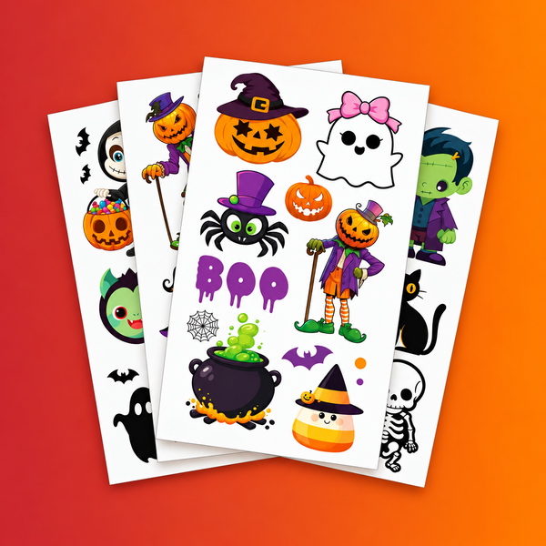 Three sheets of Halloween temporary tattoos with various cute cartoon designs including pumpkins, ghosts, a spider, a cauldron, a candy corn, and a skeleton, displayed on a clean white background.
