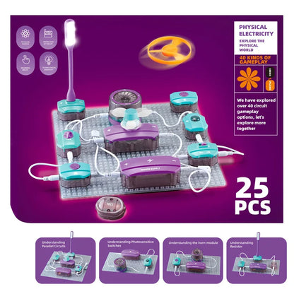 Colorful electronic building blocks toy set with various circuit components on a grid base, labeled gameplay options.
