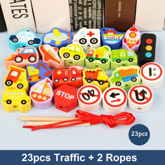 23 colorful wooden traffic-themed beads including cars, trucks, and signs, with two threading ropes.