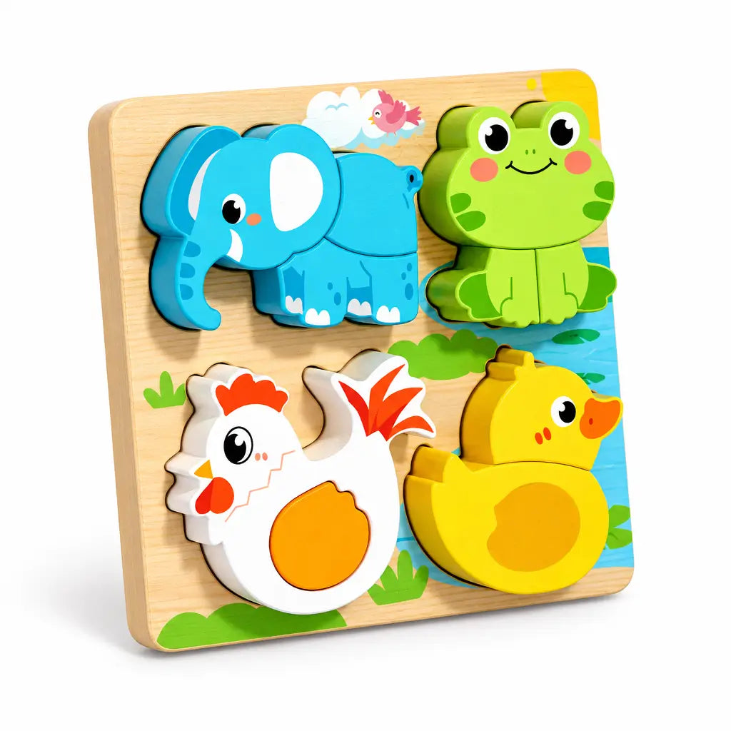 Wooden puzzle with colorful animal shapes on a light background