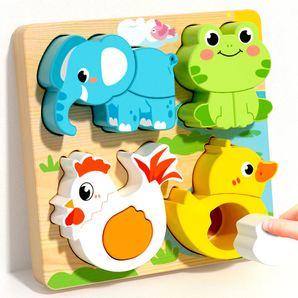 Wooden puzzle featuring colorful animal shapes: an elephant, frog, chicken, and duck on a nature-themed board.