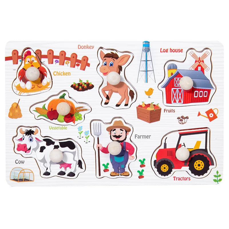 Wooden puzzle board featuring farm animals and objects with pegs for toddlers, colorful illustrations.