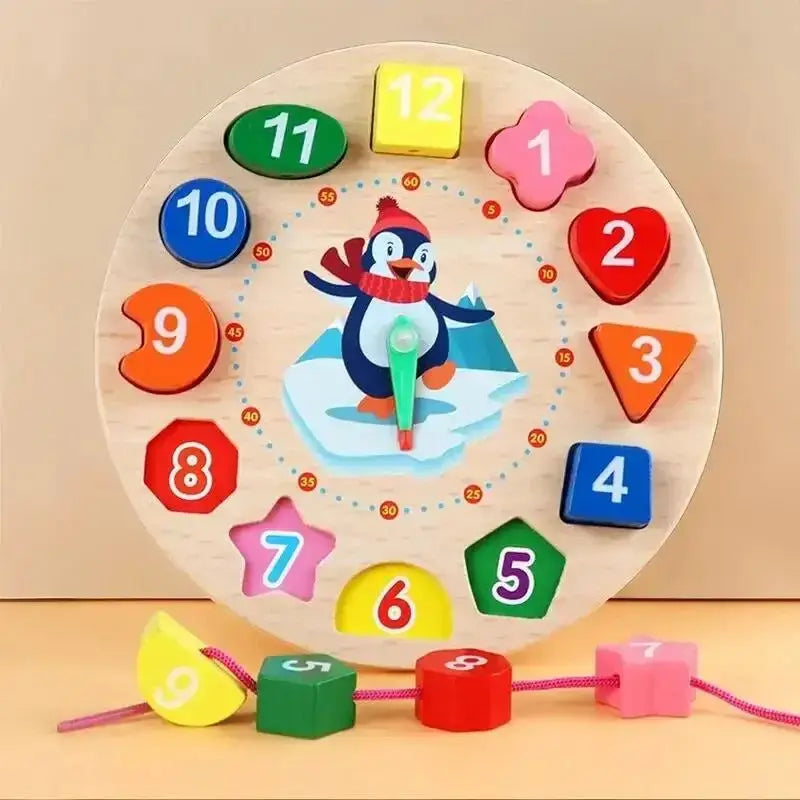 Wooden clock puzzle with penguin design, colorful number and shape pieces, and a movable hour hand.