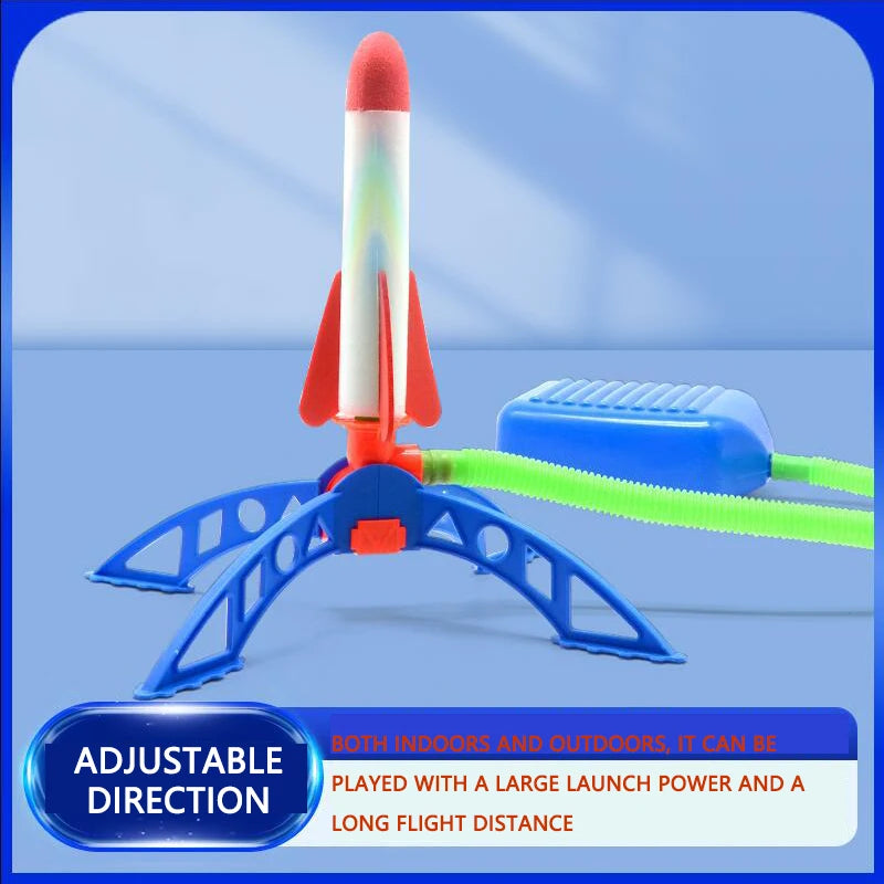 Colorful rocket launcher with red and blue components, featuring a stomp pad and adjustable launch direction.