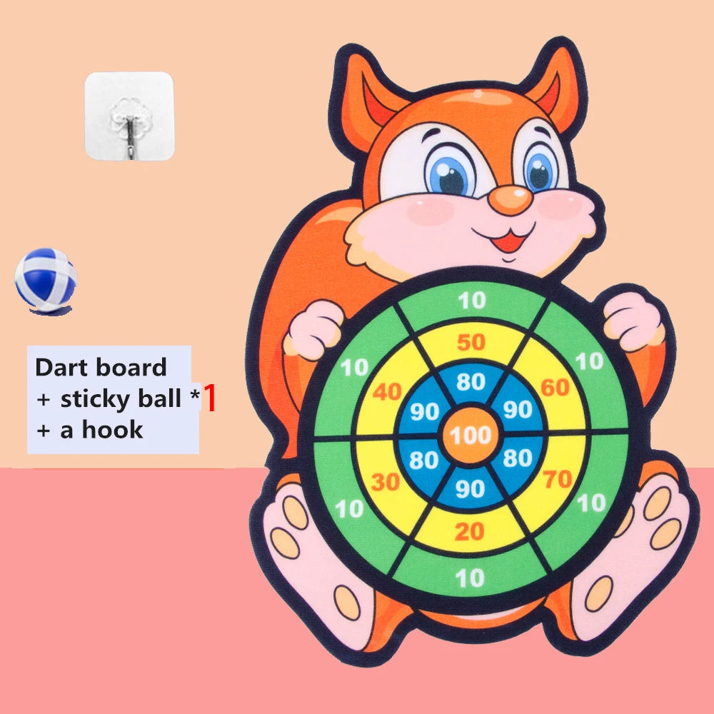 Cartoon animal dart board featuring a smiling orange squirrel, colorful scoring rings, and a sticky ball.