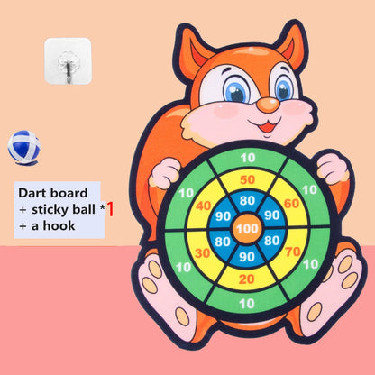 Cartoon animal dart board featuring a smiling orange squirrel, colorful scoring rings, and a sticky ball.