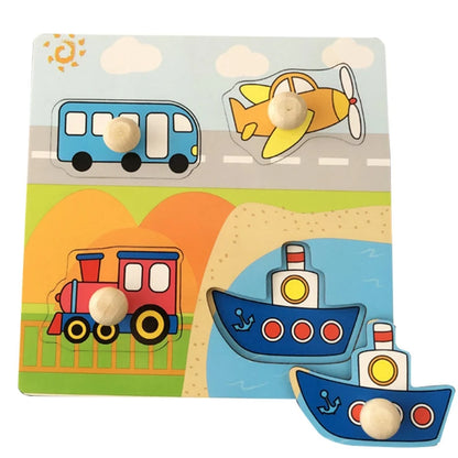 Colorful wooden puzzle featuring a bus, airplane, train, and boats with easy-grip knobs for toddlers.