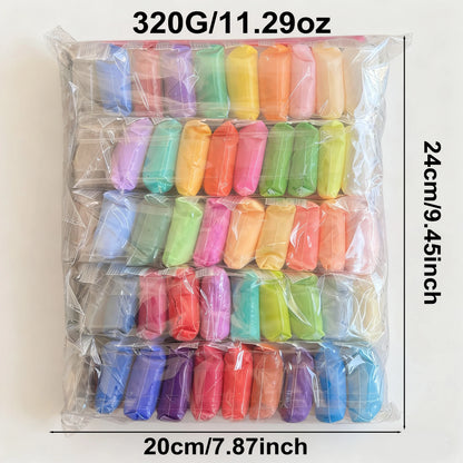 Colorful air-dry clay in various shades, neatly arranged in a clear plastic bag with measurement labels.