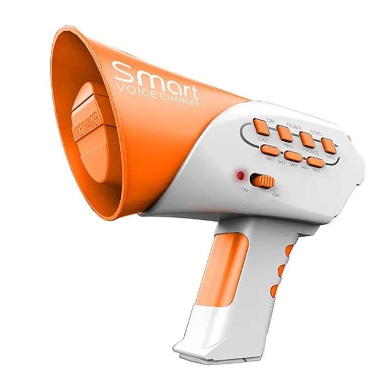 Orange voice changer loudspeaker toy with buttons and a large megaphone horn, designed for kids' roleplay and pranks