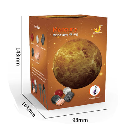 Box for Mercury planetary mining toy featuring a planet graphic and various colored gems on the sides.