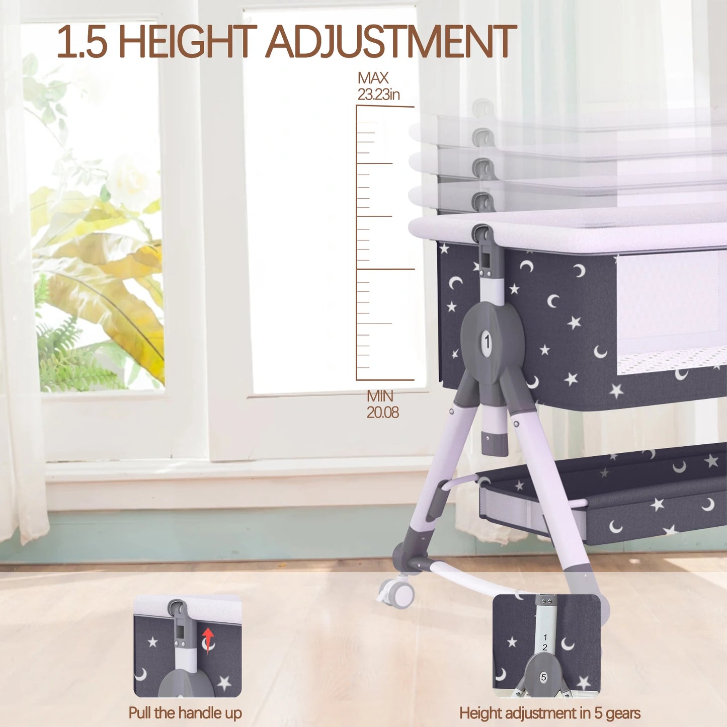 Baby Crib Portable Splicing Cradle Bed Foldable Height Adjustable 3 in 1 Bassinet Bedside Sleeper with Wheels mosquito net