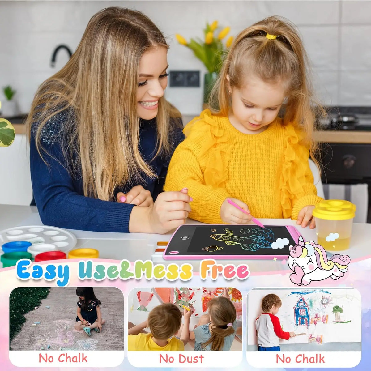 Two children using a colorful LCD writing tablet, surrounded by art supplies, smiling and engaged in drawing.