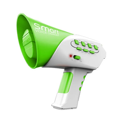 Green and white electric megaphone with voice changer buttons, designed as a kid toy.