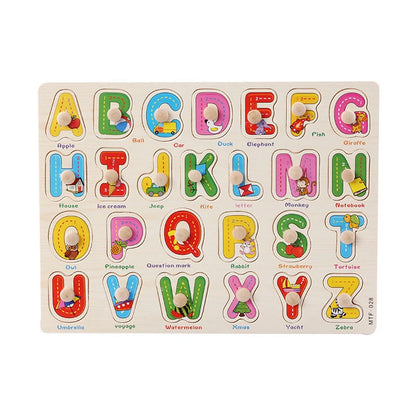 Wooden puzzle board featuring colorful cartoon letters A-Z with matching shapes and characters for toddlers.