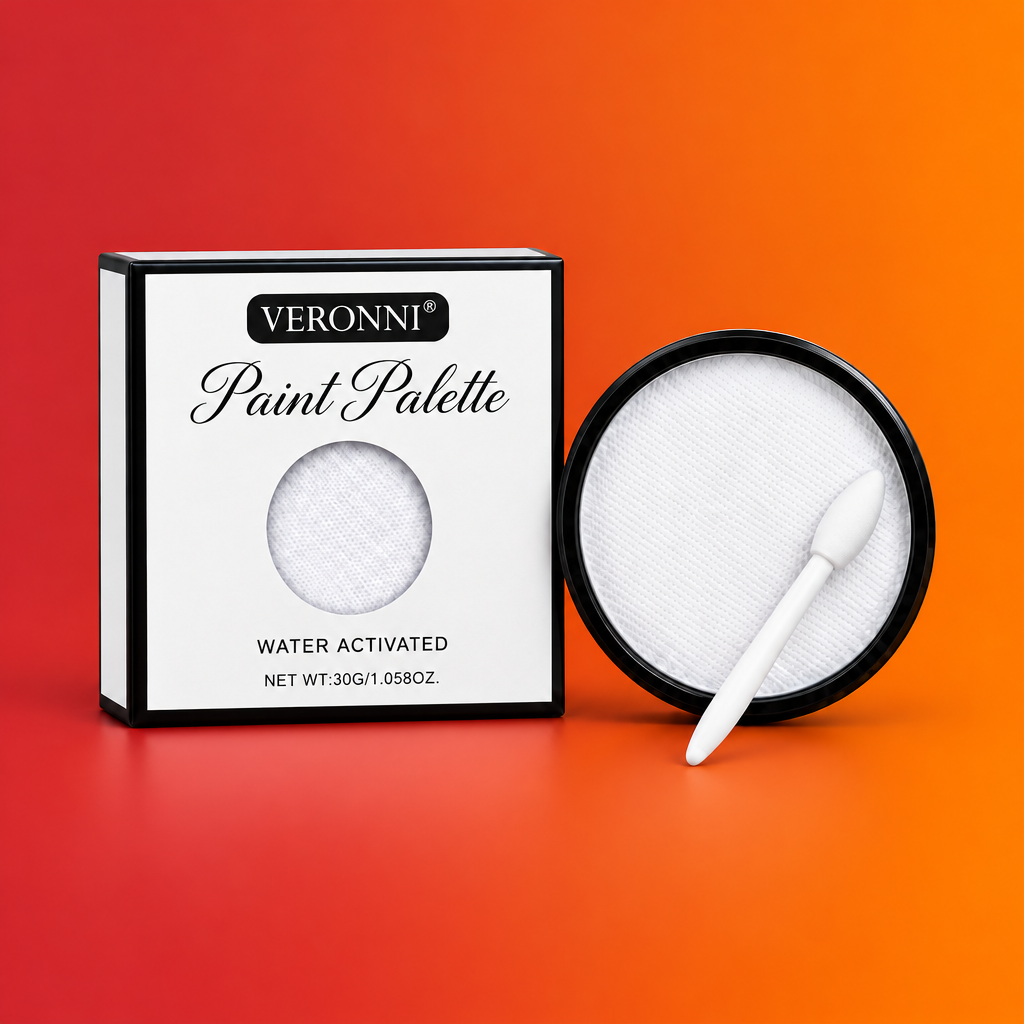 Veronni Water Activated Paint Palette shown with its white and black packaging box and the open circular palette containing white paint with a white applicator brush, on a clean white background.