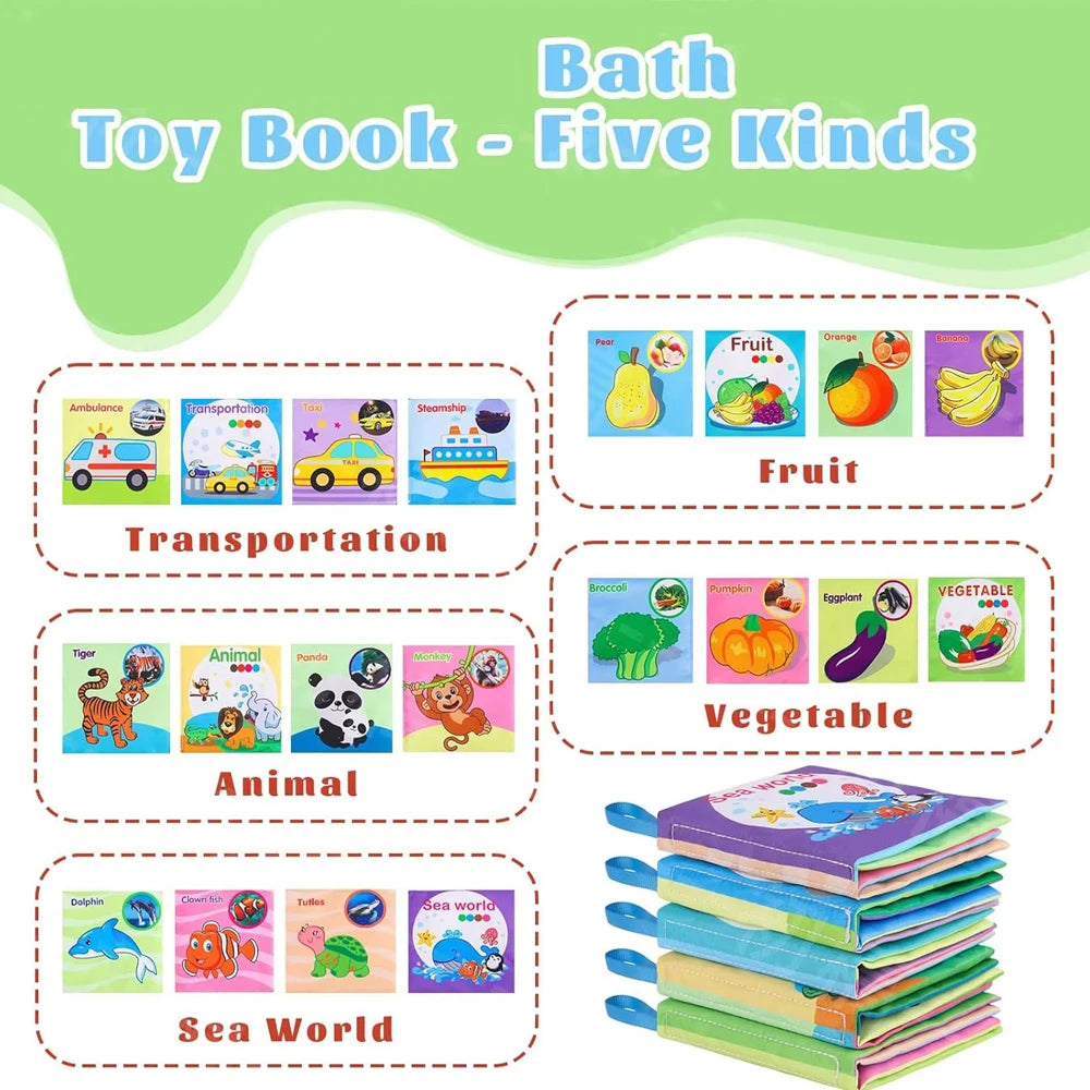 Colorful baby cloth book set featuring five themed pages: Transportation, Fruit, Animal, Vegetable, and Sea World.