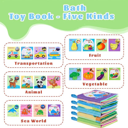 Colorful baby cloth book set featuring five themed pages: Transportation, Fruit, Animal, Vegetable, and Sea World.