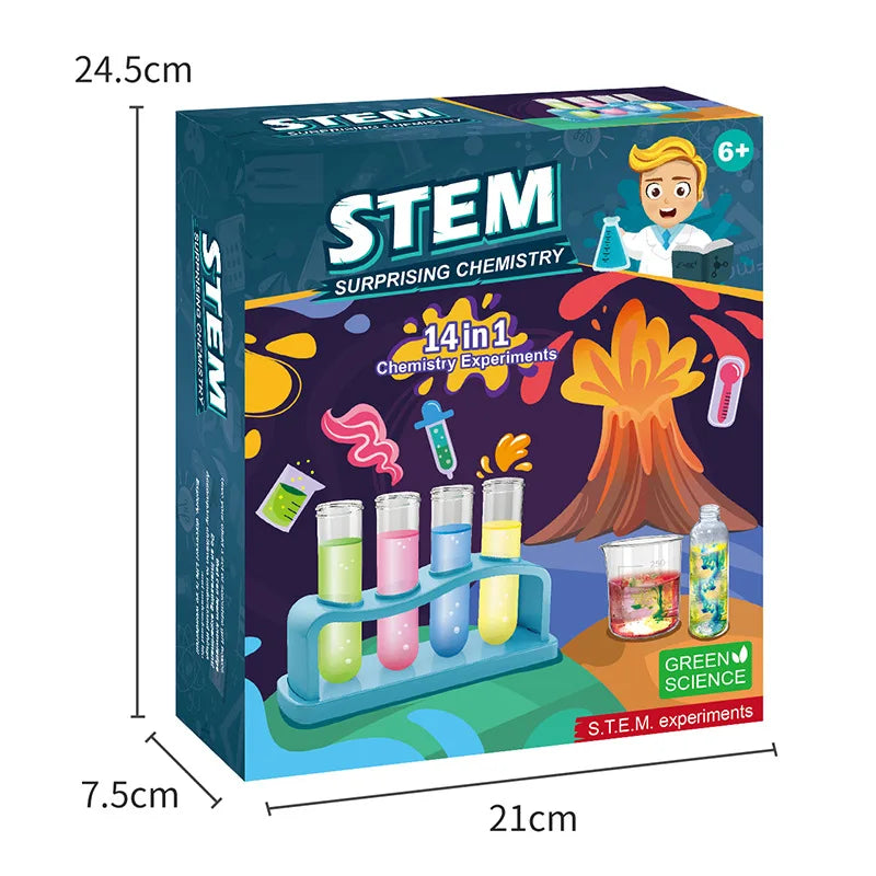 Colorful box featuring a volcano and test tubes, labeled 'STEM Surprising Chemistry' with various science icons.