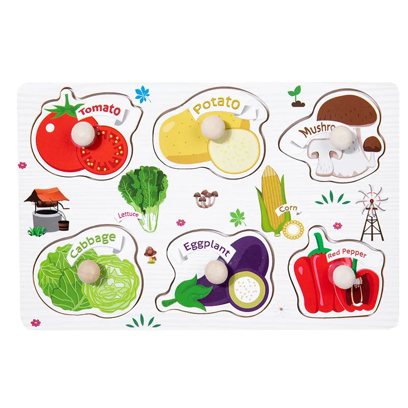 Wooden puzzle board featuring vegetable shapes like tomato, potato, and cabbage with round knobs for easy handling.