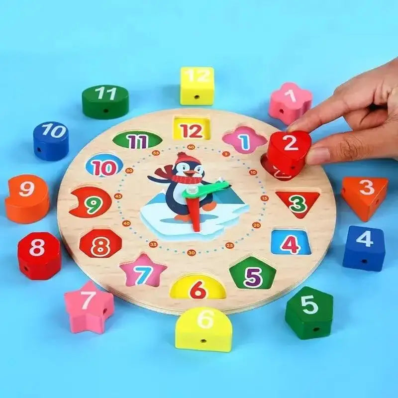 Wooden number puzzle with colorful shapes and a penguin design, featuring numbers 1 to 12 and a clock hand.