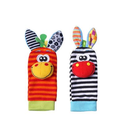 Two colorful baby wrist rattles socks featuring a smiling giraffe and zebra design with playful ears.