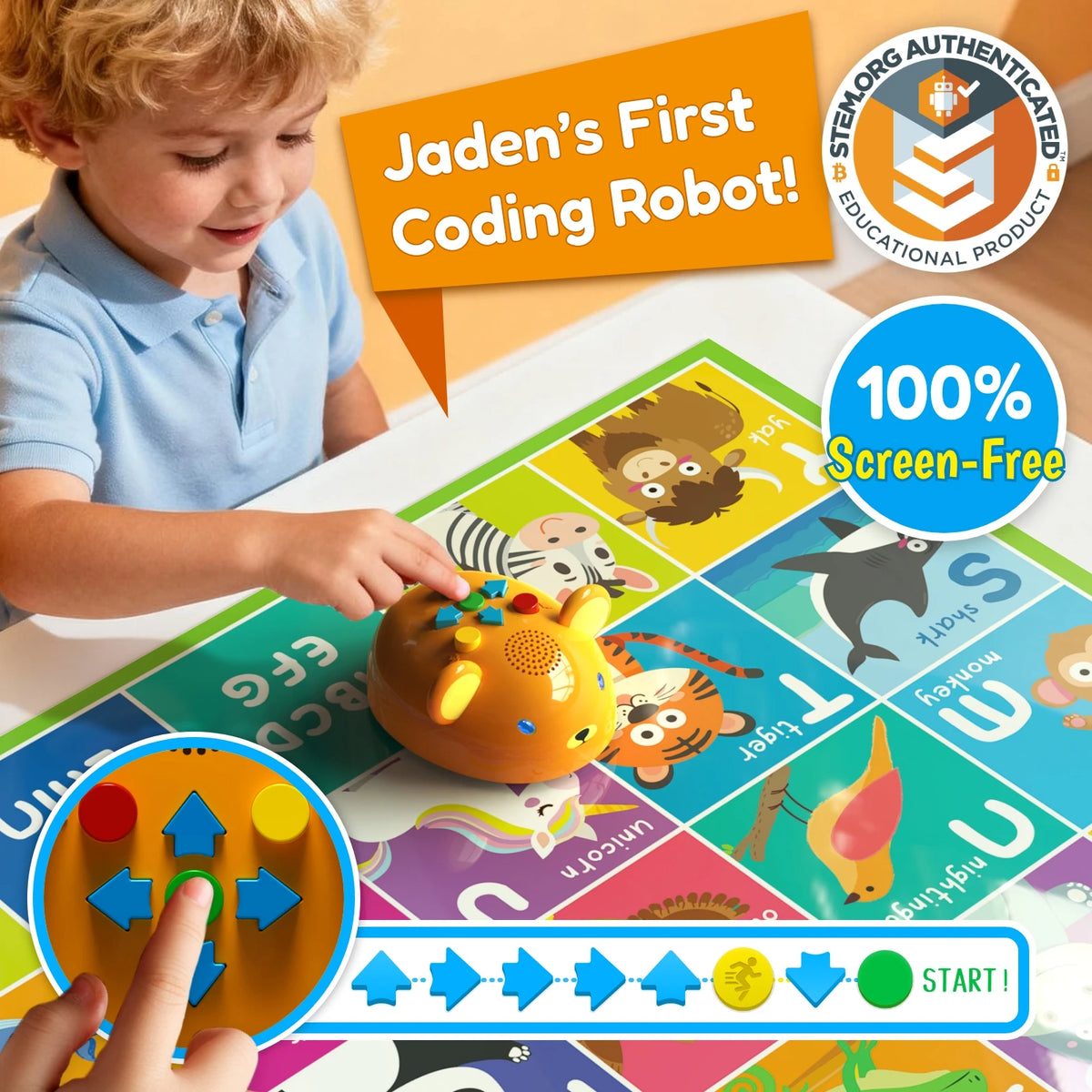 Child playing with a colorful coding robot toy on a game mat, featuring animal graphics and directional buttons.