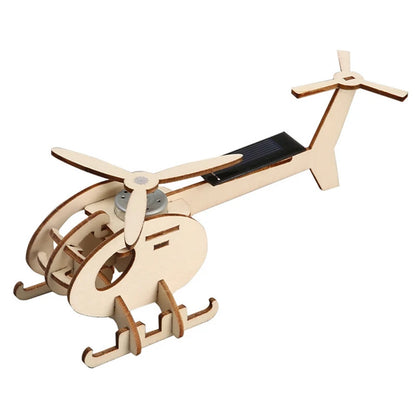 Wooden helicopter model kit with detailed rotor blades and body, designed for DIY assembly and educational play.