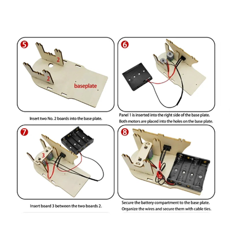 Wooden puzzle pieces and components for a DIY paper airplane catapult, showing assembly instructions.